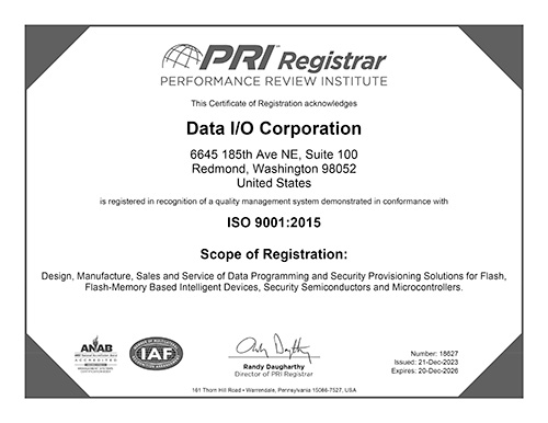 Data I/O ISO9001:2015 Certification